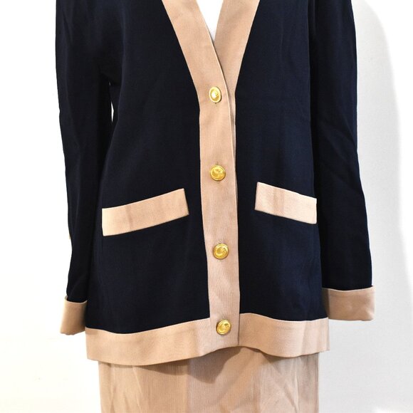 CHANEL Jackets & Blazers - CHANEL Boutique Vintage Navy & Cream Blazer Skirt Suit Set – Gold Buttons